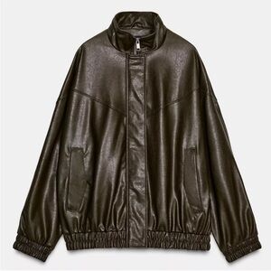 Zara Khaki Faux Leather High Collar Zip Bomber Jacket